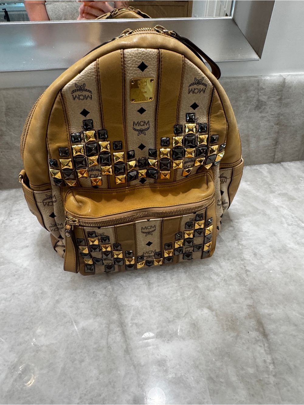 MCM Cognac Logo Studded Backpack with Gold Accents